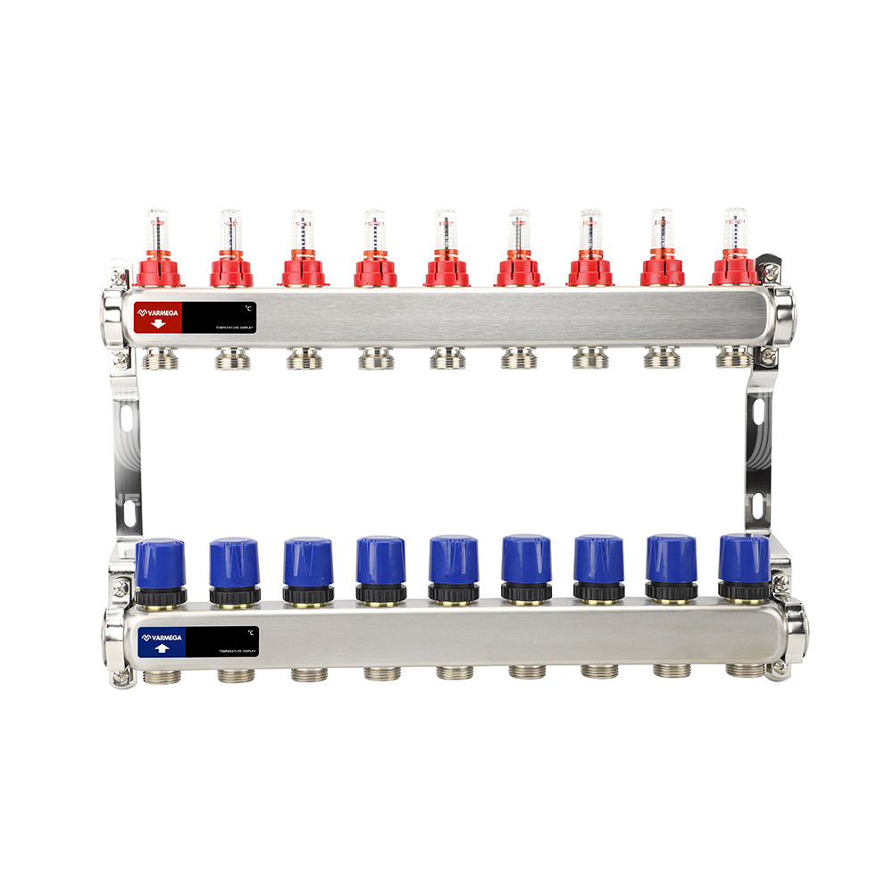 Распределительный коллектор (группа) с расходомерами Varmega VM15109 ВР 1", на 9 контуров 3/4" EK, нержавеющая - фото 2 - id-p223221514