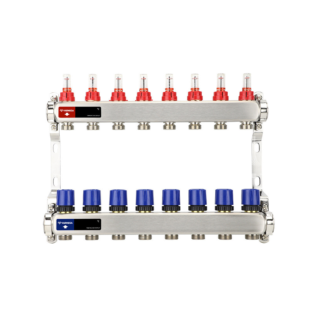 Распределительный коллектор (группа) с расходомерами Varmega VM15108 ВР 1", на 8 контуров 3/4" EK, нержавеющая