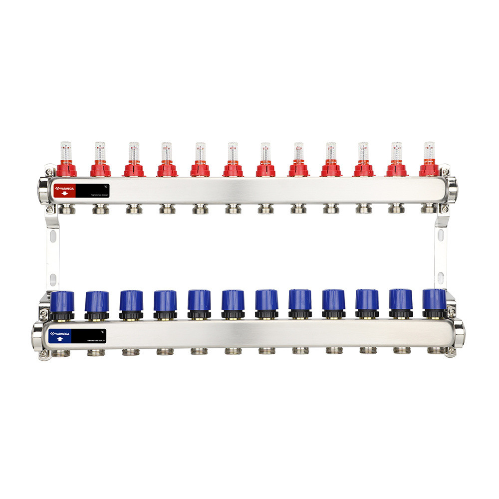 Распределительный коллектор (группа) с расходомерами Varmega VM15112 ВР 1", на 12 контуров 3/4" EK, нержавеюща - фото 1 - id-p223221522