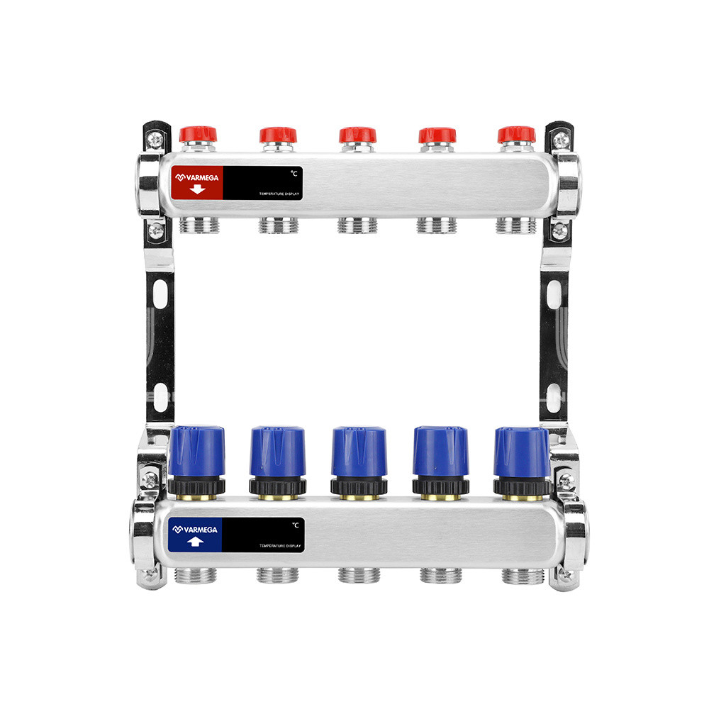 Распределительный коллектор (группа) для отопления Varmega VM15505 ВР 1", на 5 контуров 3/4" EK, нержавеющая с