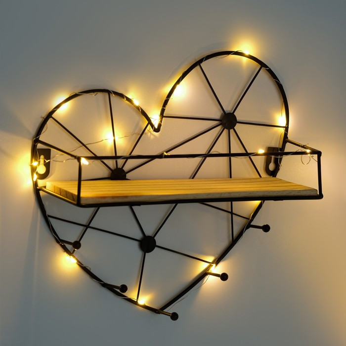 Вешалка настенная с полкой "Сердце", с подсветкой, 5 крючков, черная - фото 2 - id-p223286686