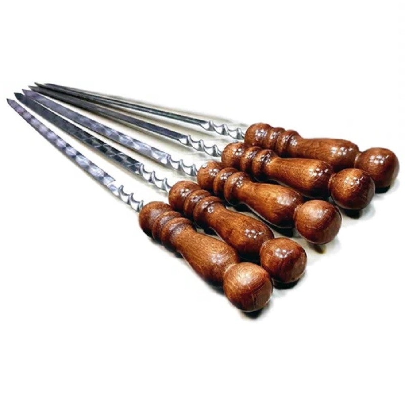 Набор кованых шампуров с деревянной ручкой (5 шт по 40 см). Толщина 3мм (нержавейка), фото 1