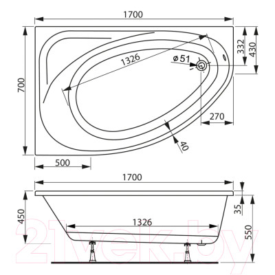 Ванна акриловая VagnerPlast Hapi 170x110 R / VPBA170HAP3PX-04 - фото 9 - id-p223311329