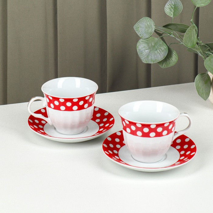 Сервиз чайный керамический Доляна «Горох», 4 предмета: 2 чашки 210 мл, 2 блюдца, цвет красный - фото 1 - id-p223347200