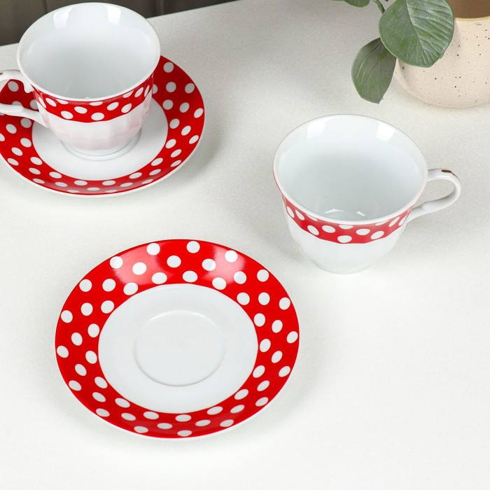 Сервиз чайный керамический Доляна «Горох», 4 предмета: 2 чашки 210 мл, 2 блюдца, цвет красный - фото 3 - id-p223347200