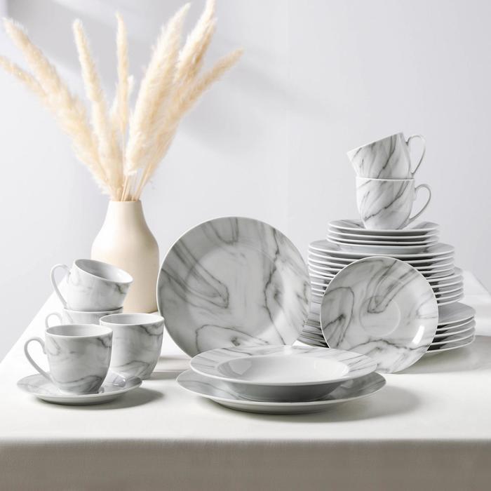 Набор керамической посуды Доляна «Мрамор», 24 предмета: тарелки d=19/21/24 см, чайная пара 200 мл, цвет серый - фото 1 - id-p223347280