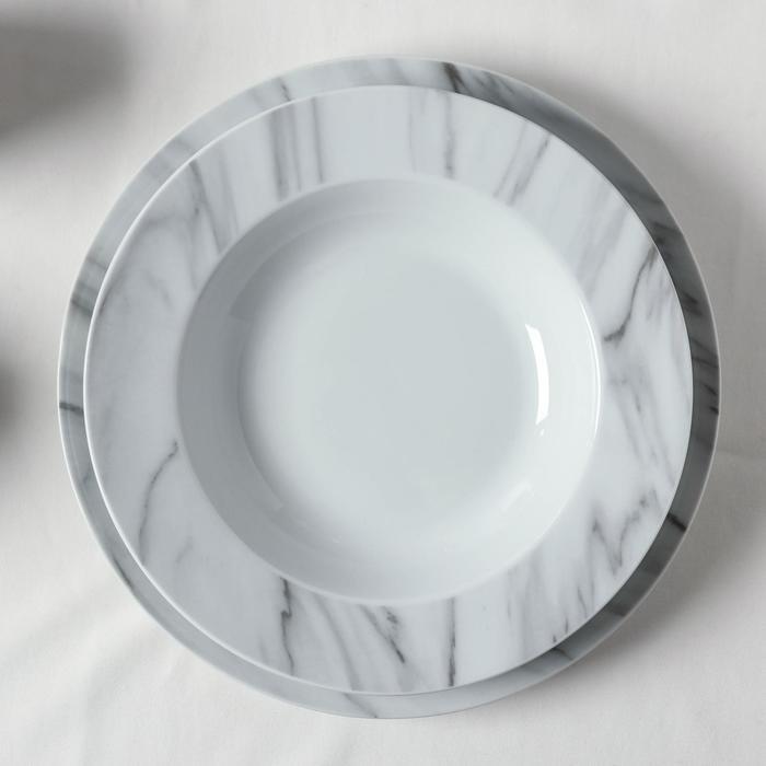 Набор керамической посуды Доляна «Мрамор», 24 предмета: тарелки d=19/21/24 см, чайная пара 200 мл, цвет серый - фото 2 - id-p223347280