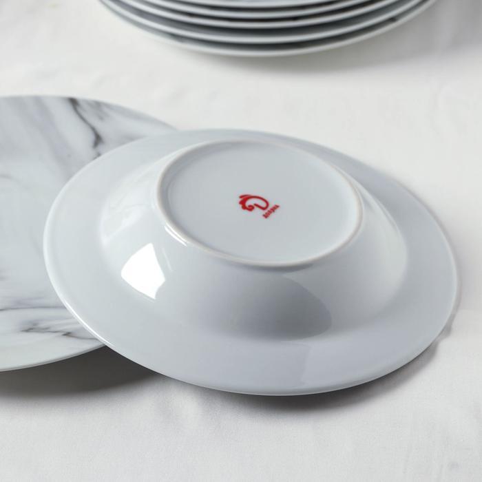 Набор керамической посуды Доляна «Мрамор», 24 предмета: тарелки d=19/21/24 см, чайная пара 200 мл, цвет серый - фото 3 - id-p223347280