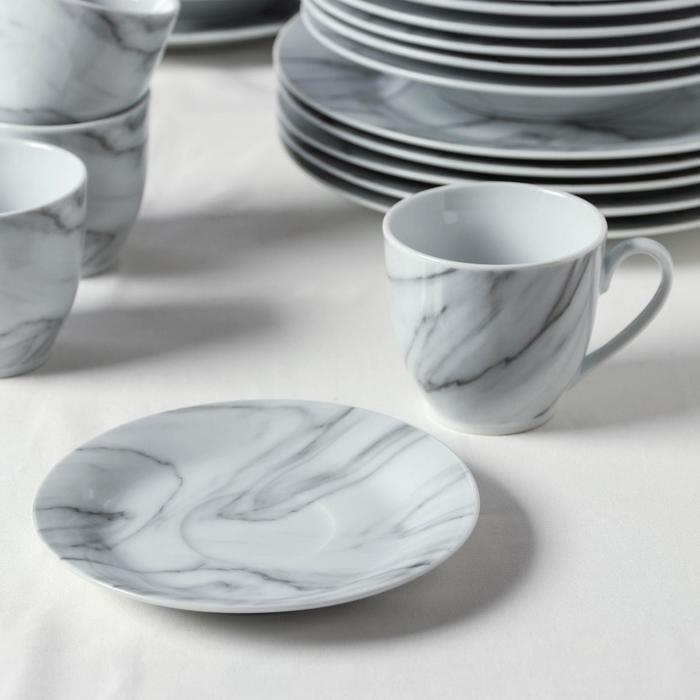 Набор керамической посуды Доляна «Мрамор», 24 предмета: тарелки d=19/21/24 см, чайная пара 200 мл, цвет серый - фото 4 - id-p223347280