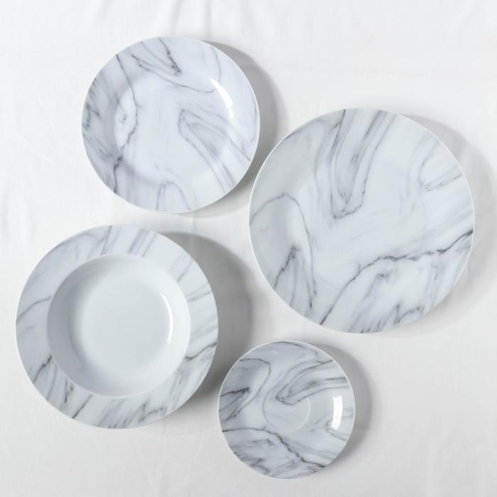 Набор керамической посуды Доляна «Мрамор», 24 предмета: тарелки d=19/21/24 см, чайная пара 200 мл, цвет серый - фото 5 - id-p223347280