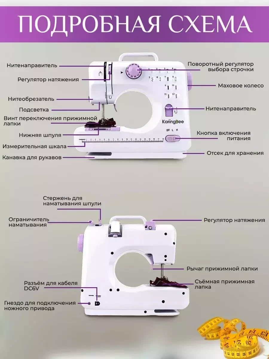 Швейная мини машинка OT shop электрическая с педалью - фото 6 - id-p223349642