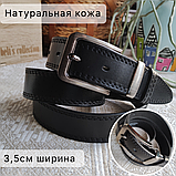 Кожаный ремень 3,5см Ремарт классика, черный, металлический тренчик, прошитый, фото 4