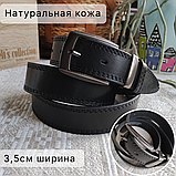Кожаный ремень 3,5см Ремарт классика, черный, металлический тренчик, прошитый, фото 5
