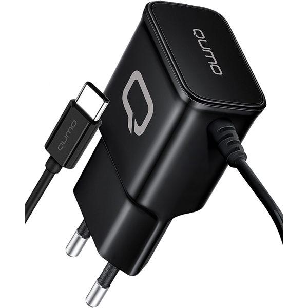 Сетевое зарядное устройство Qumo Energy (Charger 0025) 2.1А, встроенный кабель Type-C, чёрный - фото 1 - id-p223381821