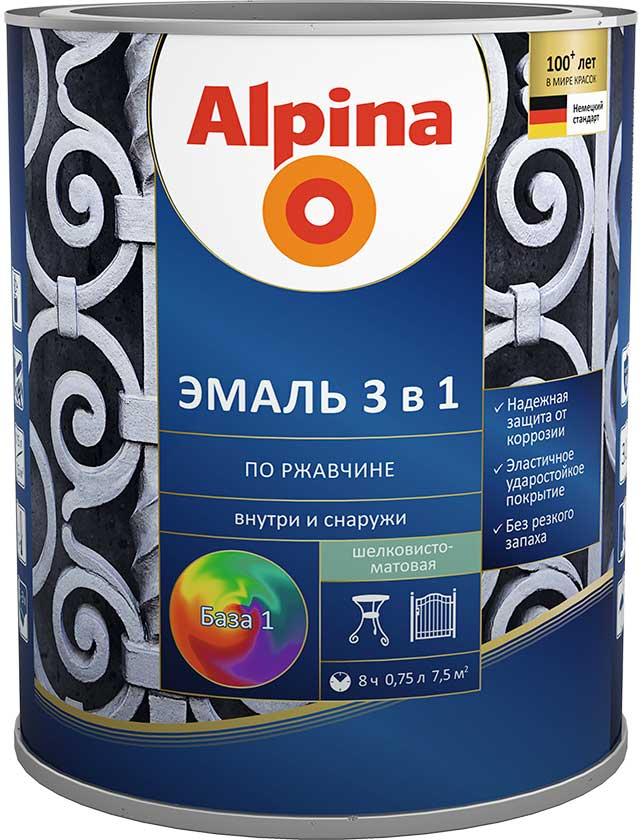 Alpina Эмаль по ржавчине 3 в 1 шелк.-мат. RAL9003 Белый 0,75л / 0,88кг - фото 1 - id-p50875045