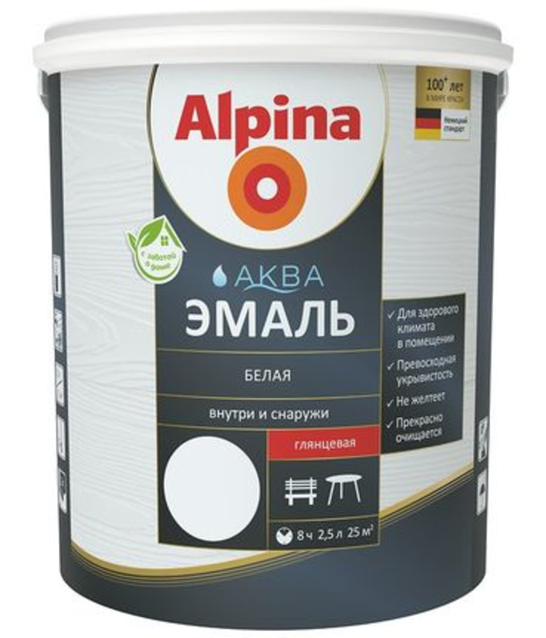 Alpina АКВА Эмаль белая шелк.-мат. 0,9л / 1,10кг