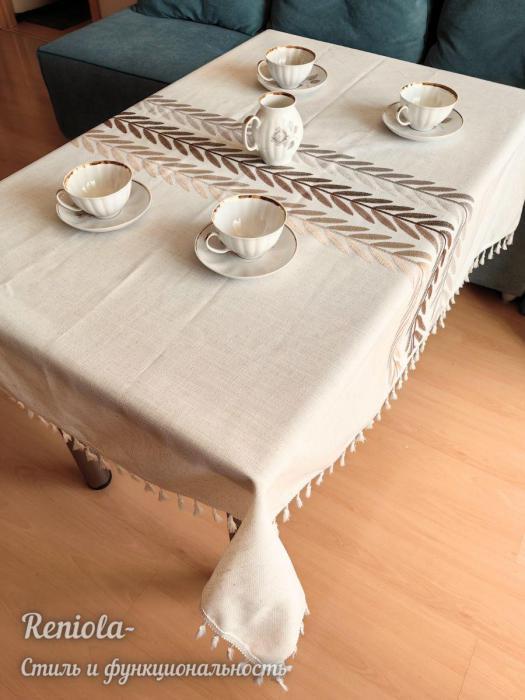 Скатерть тканевая на стол лен хлопок прямоугольная льняная праздничная для кухни с вышивкой кисточками - фото 4 - id-p223344015