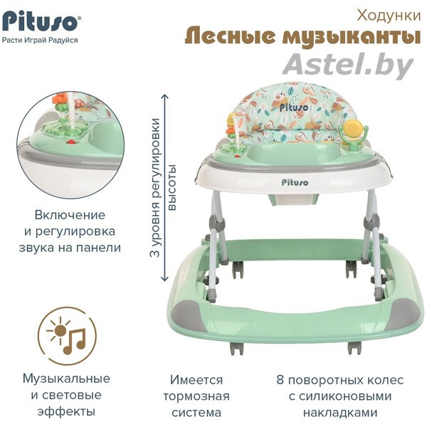 Ходунки Pituso Лесные музыканты W1123PB8 ментол (8 силик.кол,игр, муз пан,силик.отбойник) Green/Ментол - фото 5 - id-p223398887