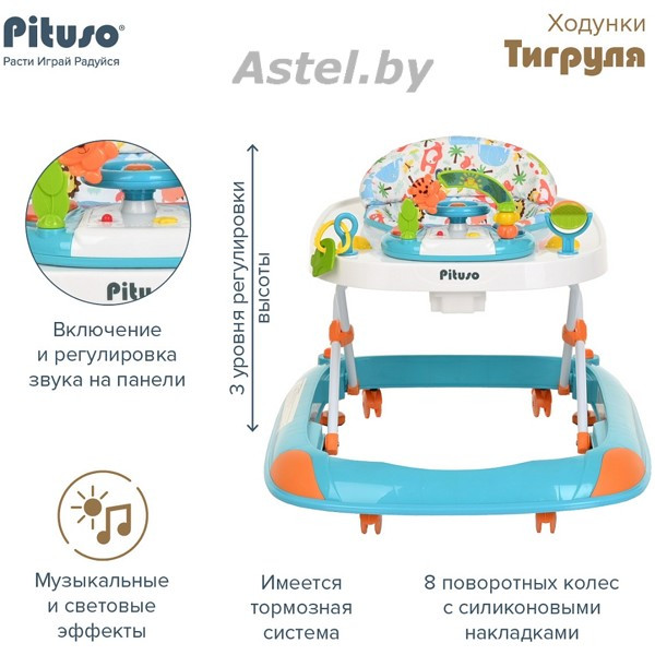 Ходунки детские Pituso Тигруля (8 силик.колес,игр.муз.панель,2стоппера) Blue/Голубой - фото 6 - id-p223398888