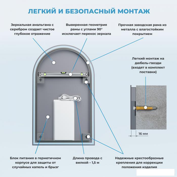 Арочное зеркало с фоновой LED-подсветкой Wellsee 7 Rays' Spectrum 172201690 (40*70 см, черный контур, - фото 7 - id-p223277700