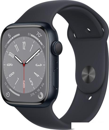 Умные часы Apple Watch Series 8 45 мм (алюминиевый корпус, полуночный/полуночный, спортивный силиконовый - фото 1 - id-p223034088