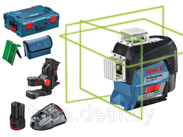 Нивелир лазерный линейный BOSCH GLL 3-80 CG c аккумулятором L-BOXX (проекция: 3 плоскости 360°, до 120 м, +/- - фото 1 - id-p222449079