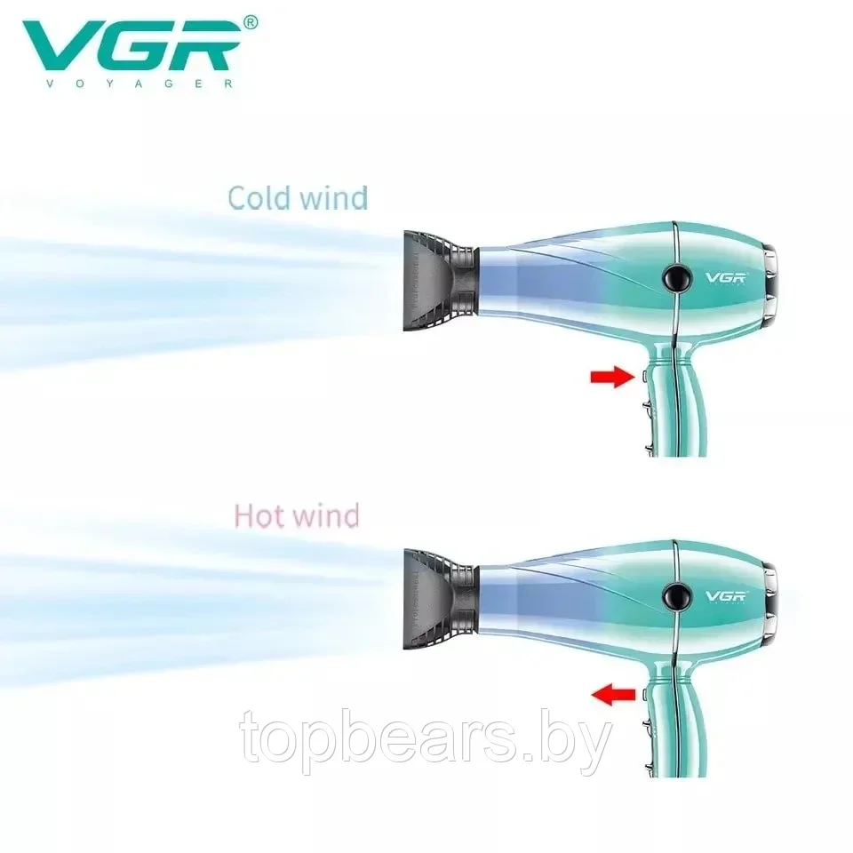 Профессиональный фен для волос VGR V-452 для сушки и укладки волос с двумя насадками 2400W - фото 4 - id-p223480062