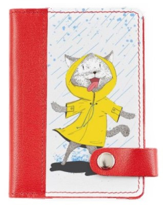 Обложка на автодокументы на кнопке комбинированная 10,5*14*0,8 см, «Кошка в дождевике», красная белая вставка - фото 3 - id-p203781107