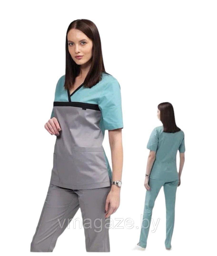 Медицинская женская блуза стрейч (цвет бирюзово-серый)