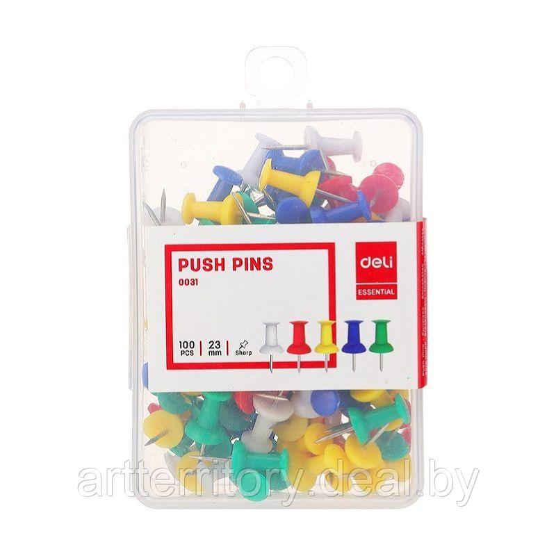 Кнопки канцелярские цветные DELI Е0031 (100 штук, в пластиковам боксе) - фото 1 - id-p223484873