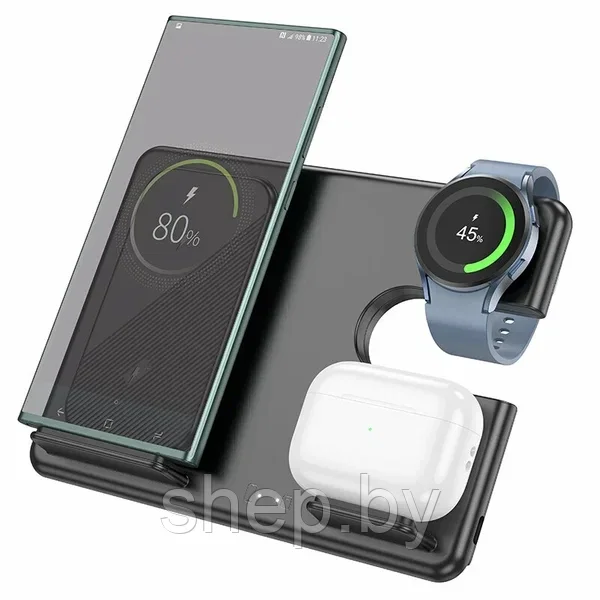 Беспроводная зарядка 3 в 1 Hoco CQ2 wireless fast charger 15W, одновременно заряжает телефон, наушники и часы