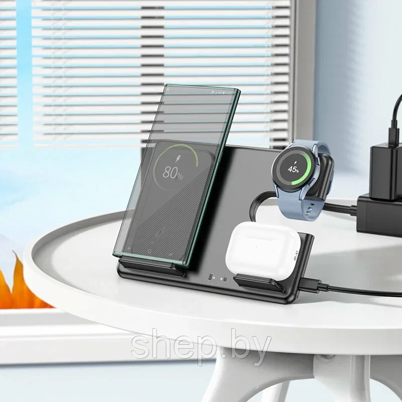 Беспроводная зарядка 3 в 1 Hoco CQ2 wireless fast charger 15W, одновременно заряжает телефон, наушники и часы - фото 7 - id-p223531111