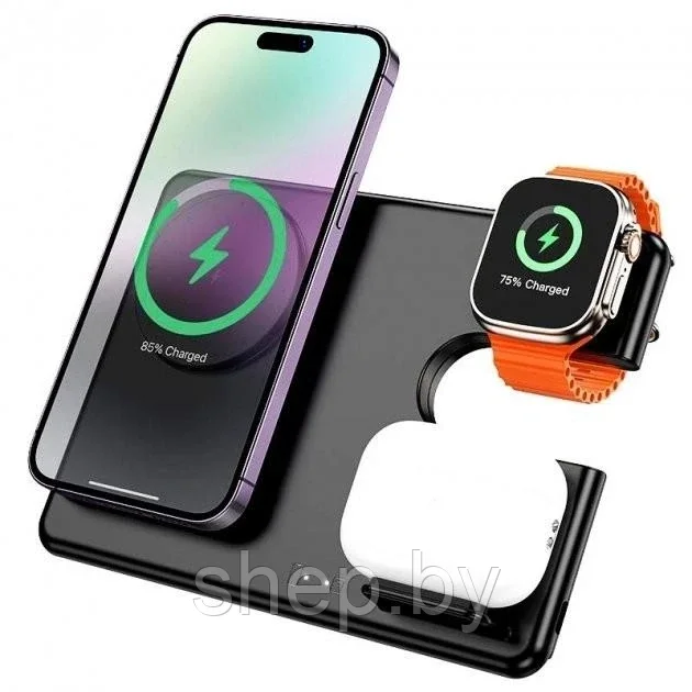 Беспроводная зарядка 3 в 1 Hoco CQ1 wireless fast charger 15W, одновременно заряжает телефон, наушники и часы - фото 1 - id-p223531112