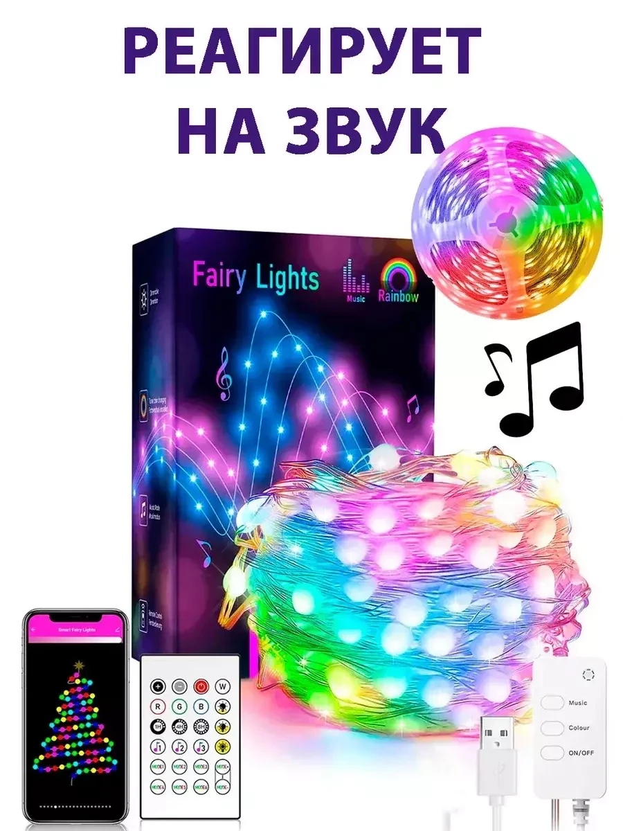 Светодиодная лента РЕАГИРУЮЩАЯ НА ЗВУК / Подсветка интерьера 10м - фото 1 - id-p223539162