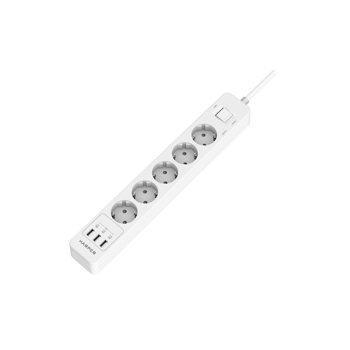 Удлинитель HARPER UCH-510 White 10м (5 розеток + 3 USB 2.4A) - фото 1 - id-p223540625