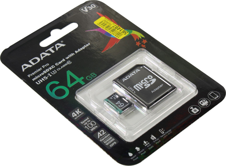 Карта памяти A-DATA AUSDX64GUI3V30SA2-RA1 microSDXC Memory Card 64Gb A2 V30UHS-I U3 Class10 + microSD-- SD - фото 1 - id-p220273426