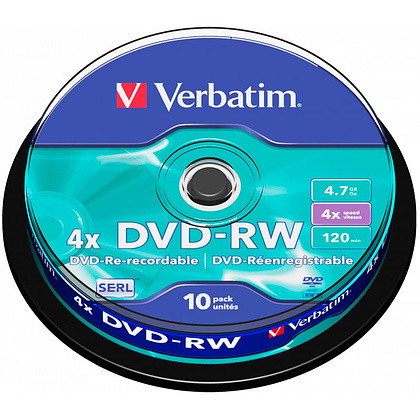 Диск Verbatim, DVD-RW, 4.7 Гб, круглый бокс, 10 шт.