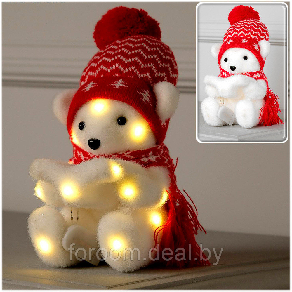 Фигура световая "Медведь в красной шапочке и шарфе" 10х10x(h)18см, флоковое покрытие, белый тёплый свет, от - фото 1 - id-p223600842