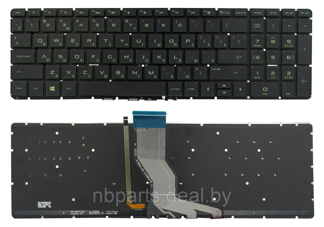 Клавиатура для ноутбука HP Pavilion 15-AB, чёрная, с подсветкой, зелёные буквы, RU - фото 1 - id-p204097761