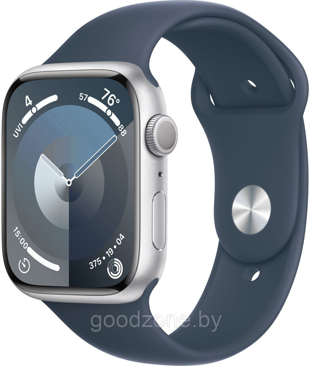 Умные часы Apple Watch Series 9 45 мм (алюминиевый корпус, серебристый/грозовой синий, спортивный силиконовый - фото 1 - id-p220130955