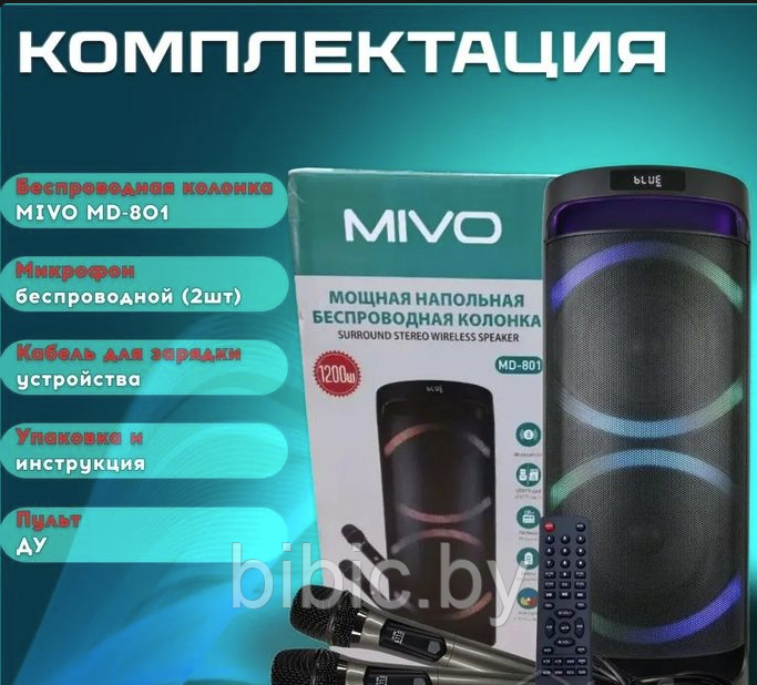 Мощная акустическая система МИВО с двумя микрофонами портативная беспроводная колонка MIVO MD 801 - фото 2 - id-p223642276