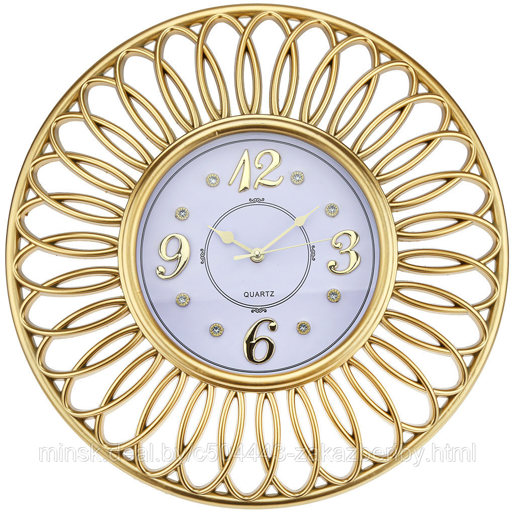Часы настенные "Винтаж" д46х4,8см, мягкий ход, циферблат белый со стразами, пластм. золотой, в коробке (Китай)