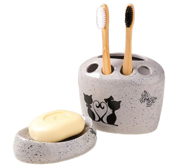 Набор для ванной керамический «Котики» 2 предмета, прованс, серый, деколь микс - фото 3 - id-p203780117