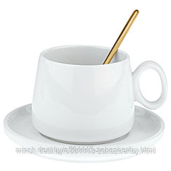 Чашка фарфоровая "Кокетка" 220мл, д8,7см h6,7см, с блюдцем д13,2см h1,6см, глянцевая глазурь, цвет - белый,