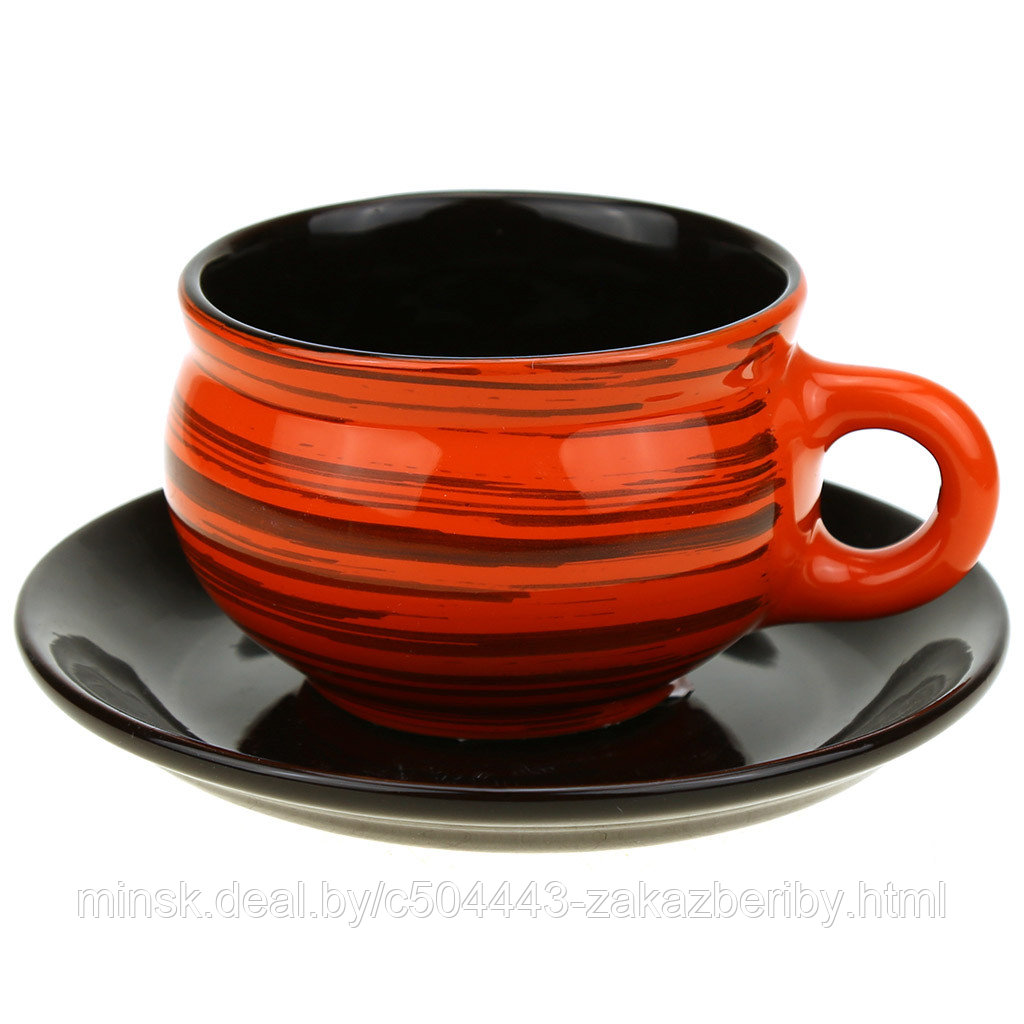 Чашка чайная керамическая 250мл, д9см "Оранжевая полоска", h6см, с блюдцем д15см (Россия)