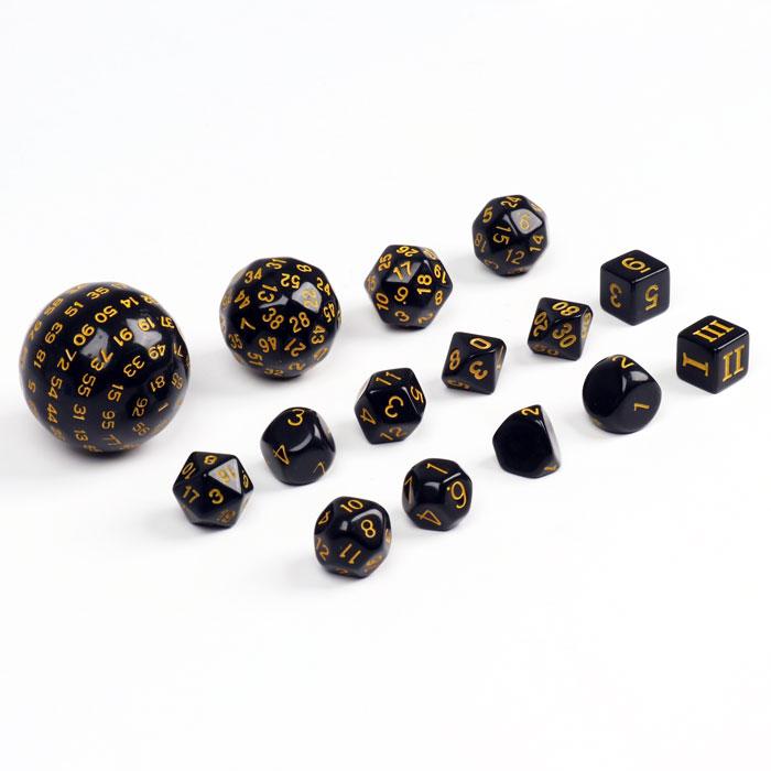 Набор кубиков для ролевых игр 15 шт., черный с желтыми цифрами