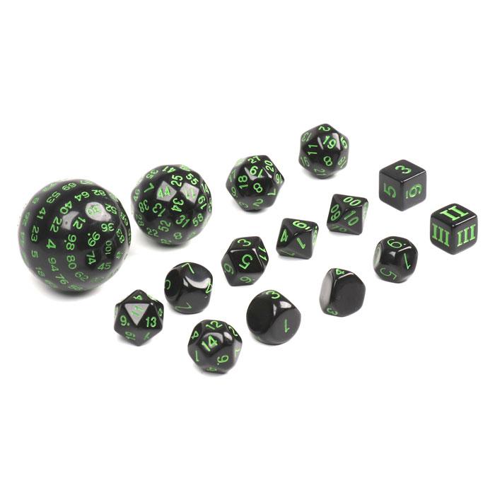 Набор кубиков для ролевых игр 15 шт., черный с зелёными цифрами - фото 1 - id-p223669359