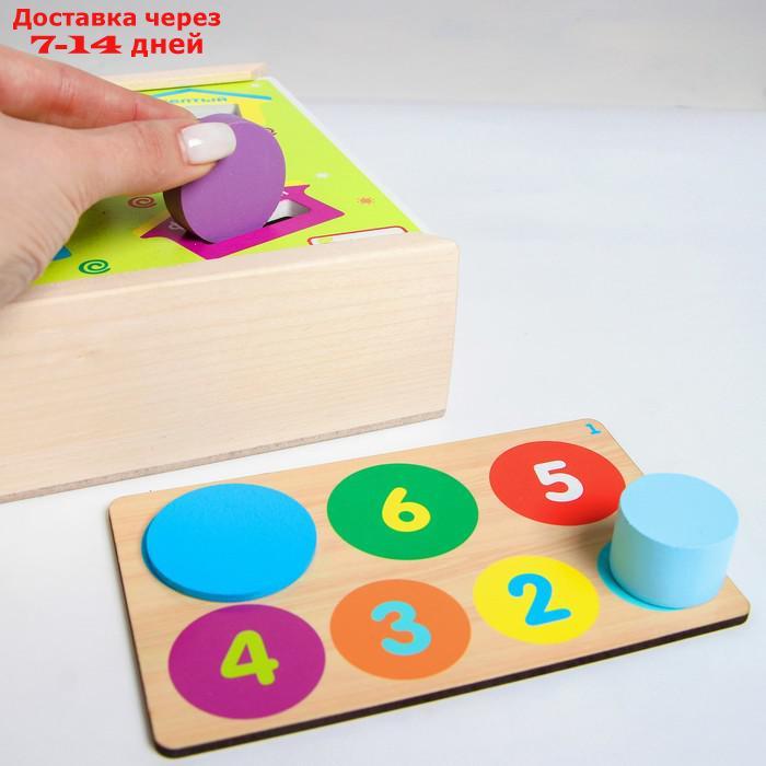 Сортер "Учим цвета и размеры" Коробка, 3 карточки с заданиями, крышка двухсторонняя с 7 прорезями, 28 деталей - фото 2 - id-p223649609