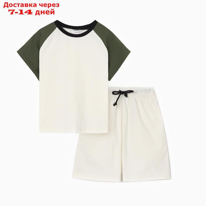 Комплект для мальчика (футболка и шорты) MINAKU, цвет экрю/оливковый, рост 122 см - фото 1 - id-p223643801