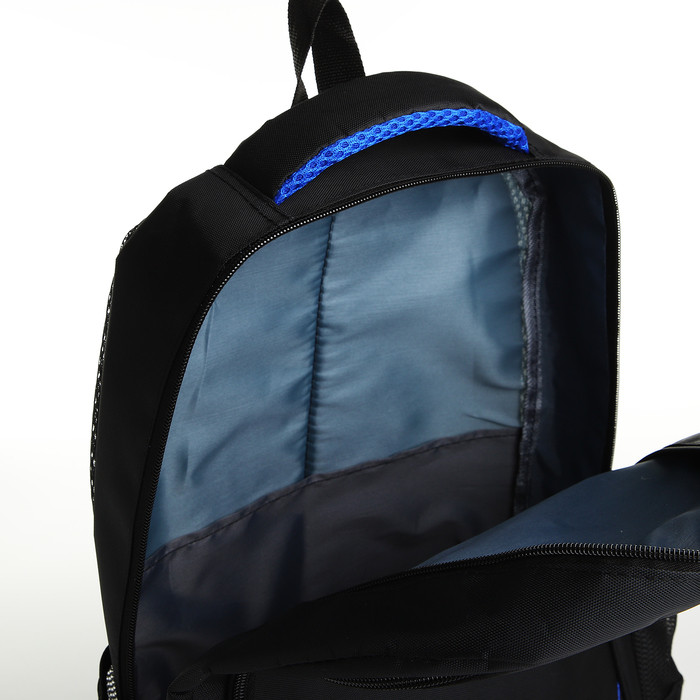Рюкзак молодёжный из текстиля на молнии, 4 кармана, цвет чёрный/синий - фото 4 - id-p223793144